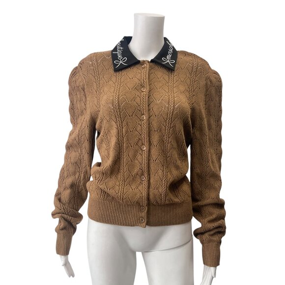 $595 NWT Moschino Boutique Brown Knit Black Collar Polo Sweater IT 44/8-10/M - Picture 1 of 10